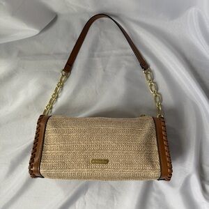 BCBGeneration Raffia Leather Shoulder Bag Gold Chain Brown Trim